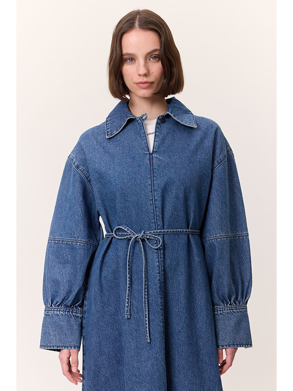 Manşet Detaylı Denim Elbise Koyu Mavi-1