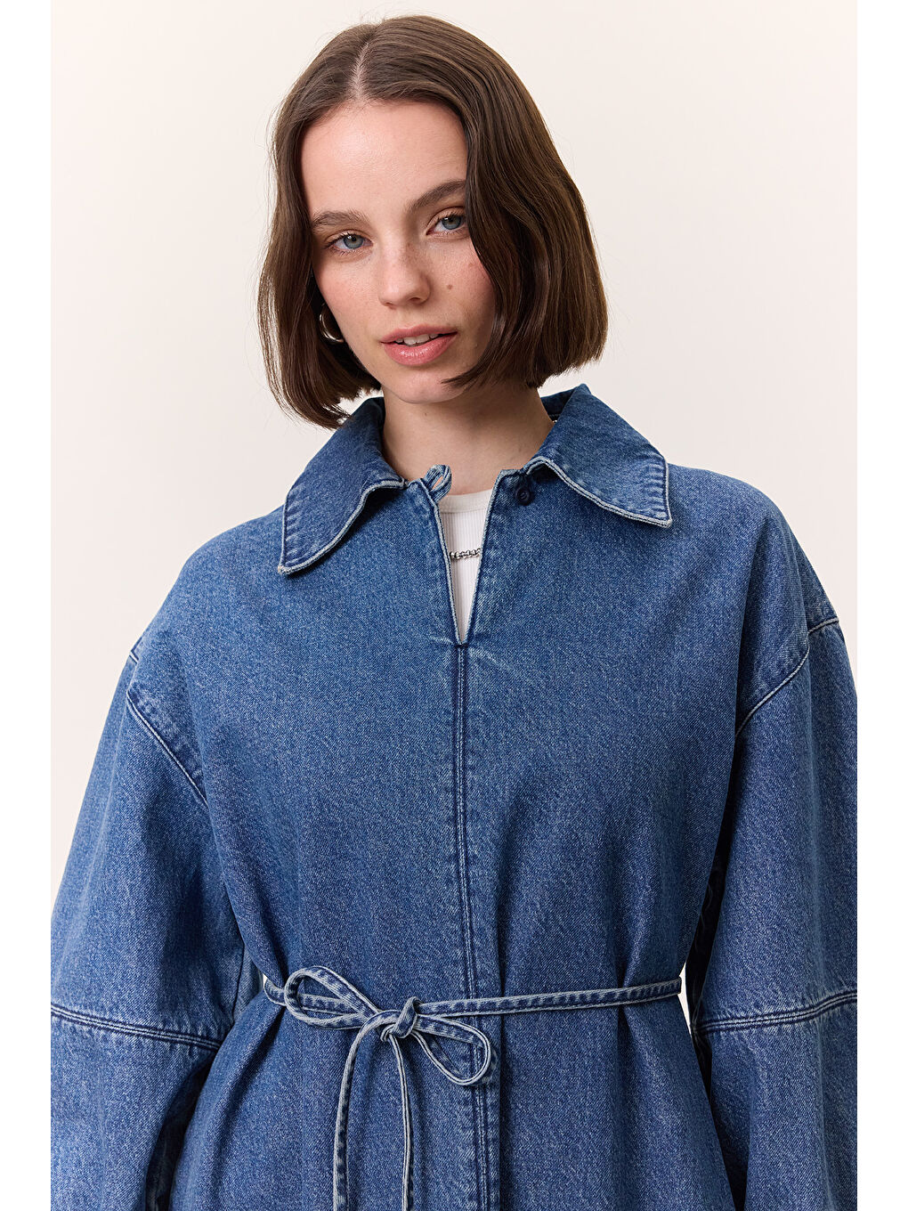 Manşet Detaylı Denim Elbise Koyu Mavi-2