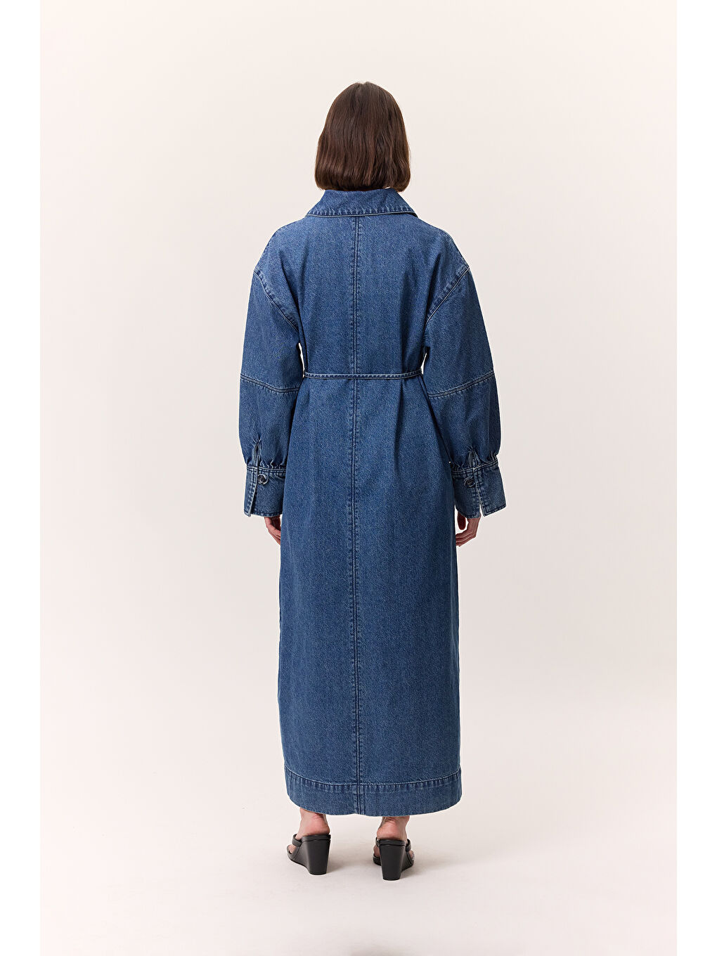 Manşet Detaylı Denim Elbise Koyu Mavi-4