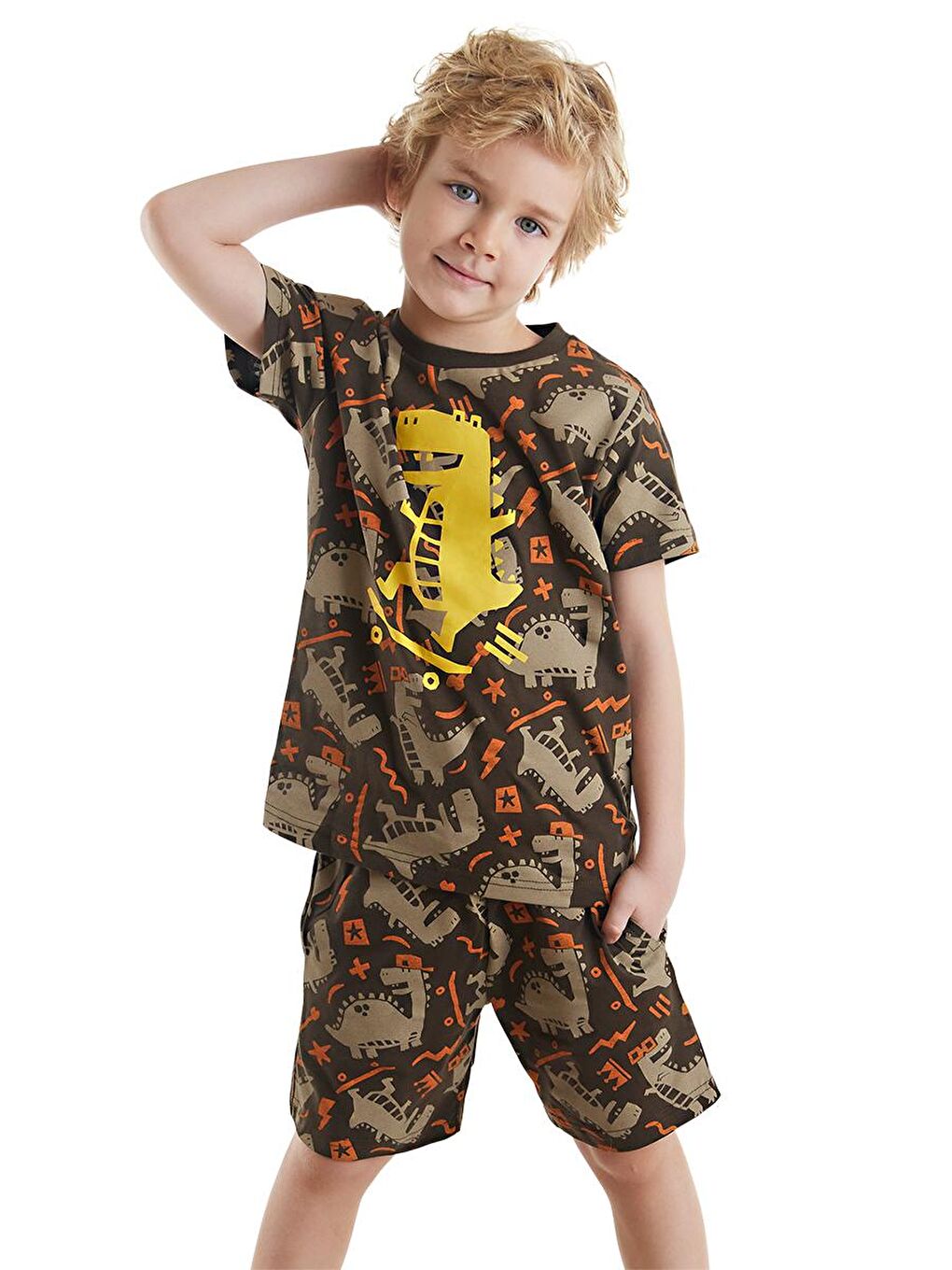 Denokids Koyu Kahve Kaykay Dino Erkek Çocuk T-shirt Şort Takım