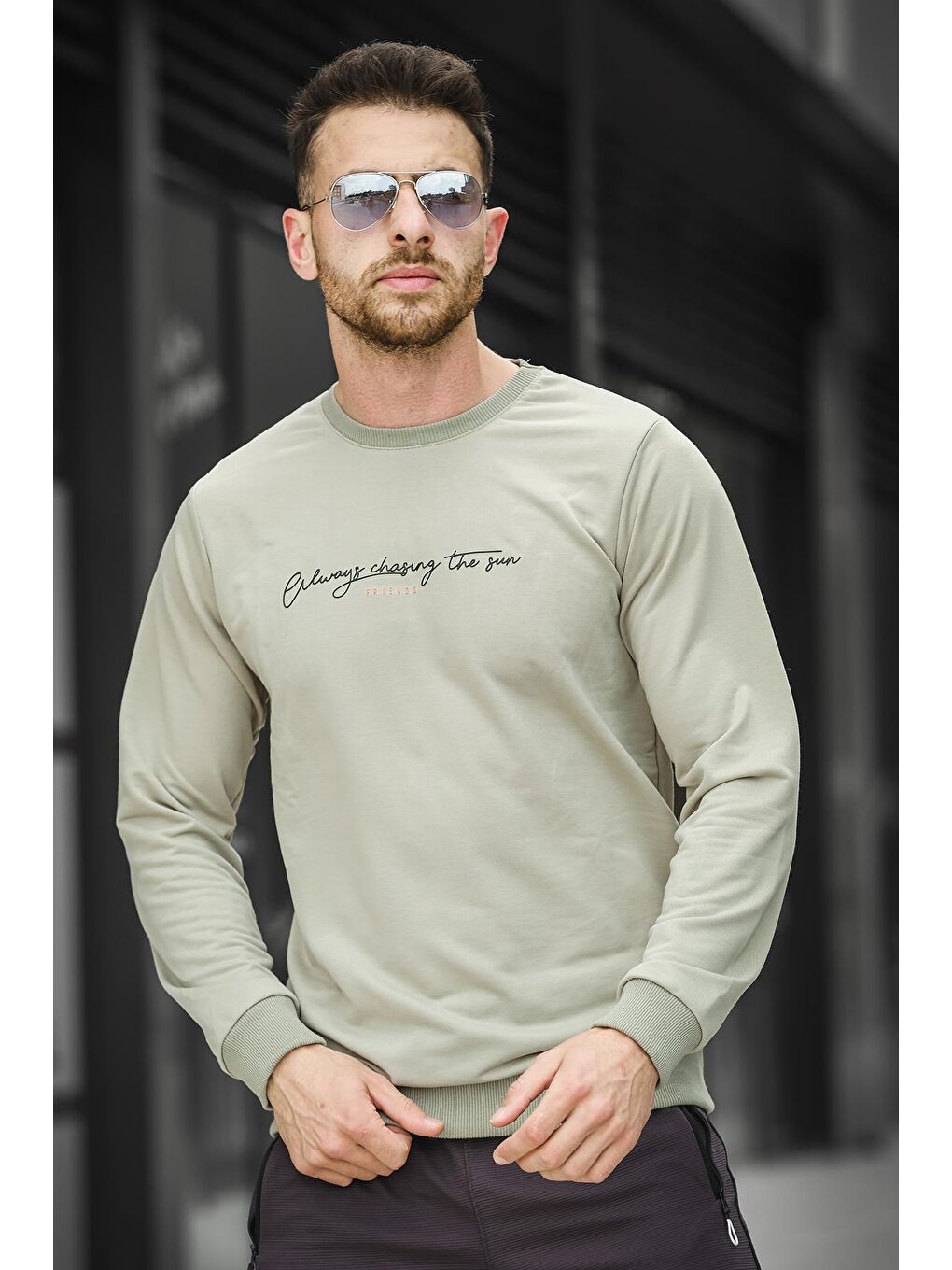Yeşil Friends Baskılı Slim Fit Likralı Sıfır Yaka Erkek Sweatshirt