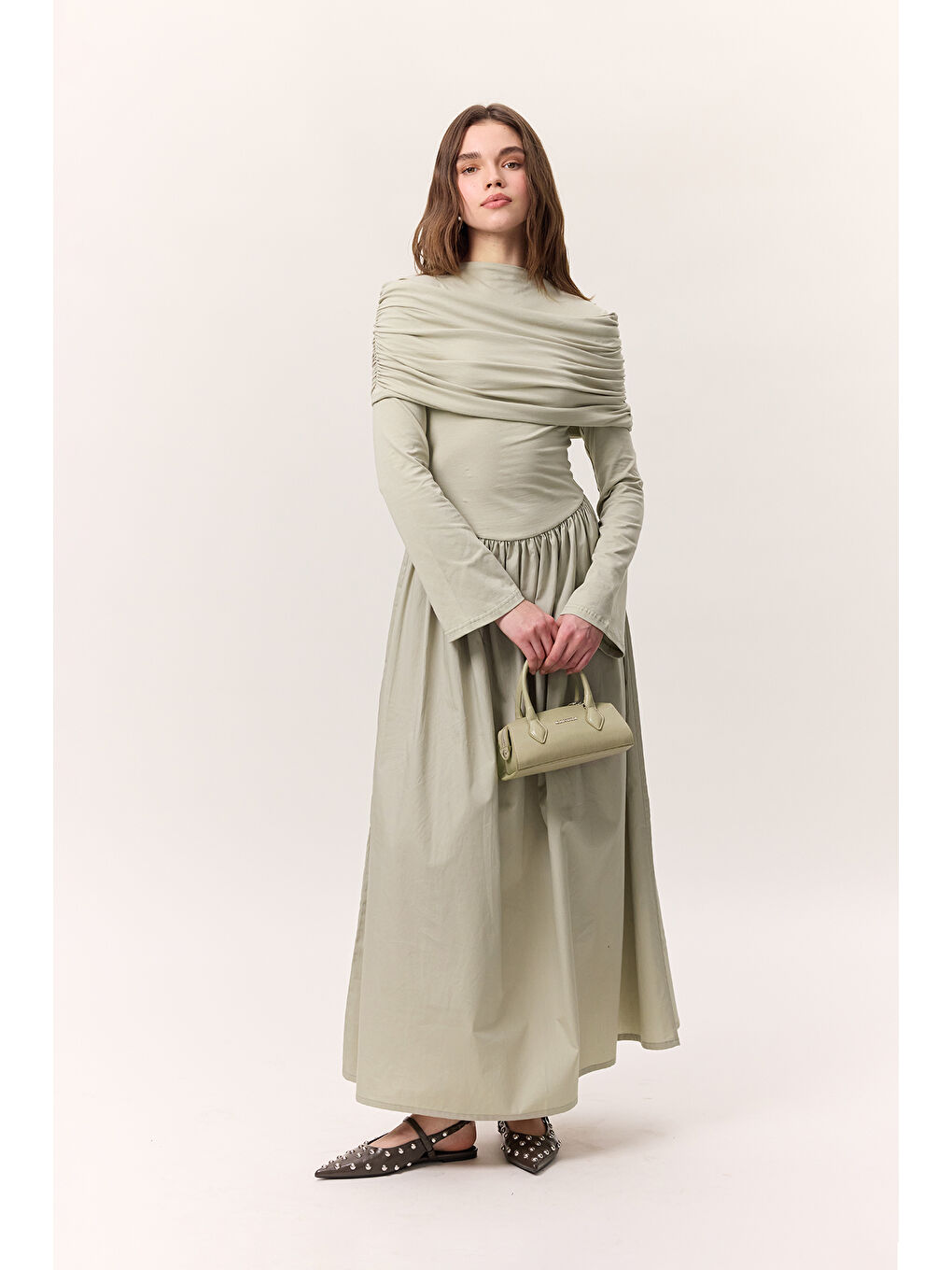 Geniş Etekli Uzun Elbise Çağla Yeşili