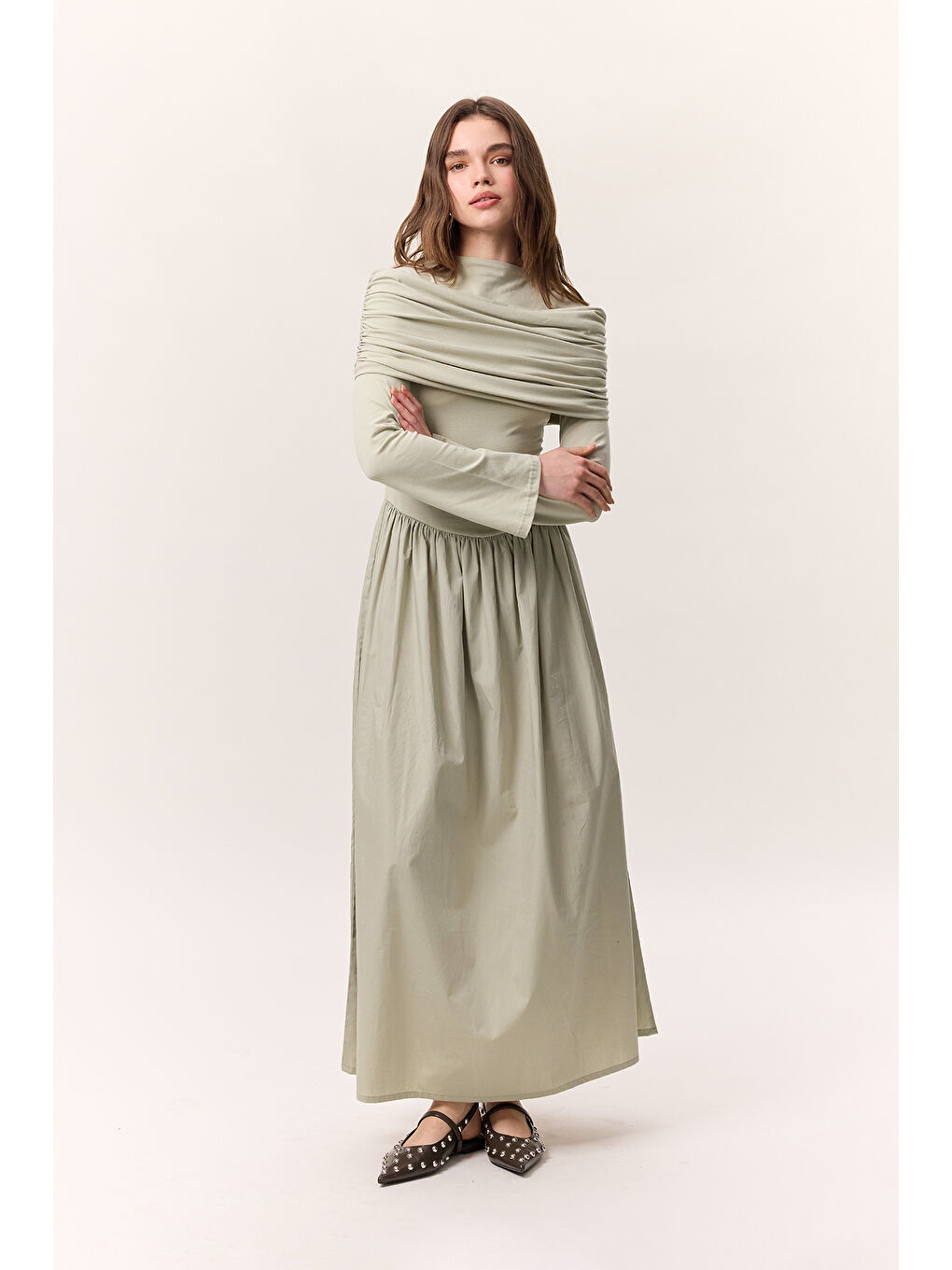 Geniş Etekli Uzun Elbise Çağla Yeşili-2