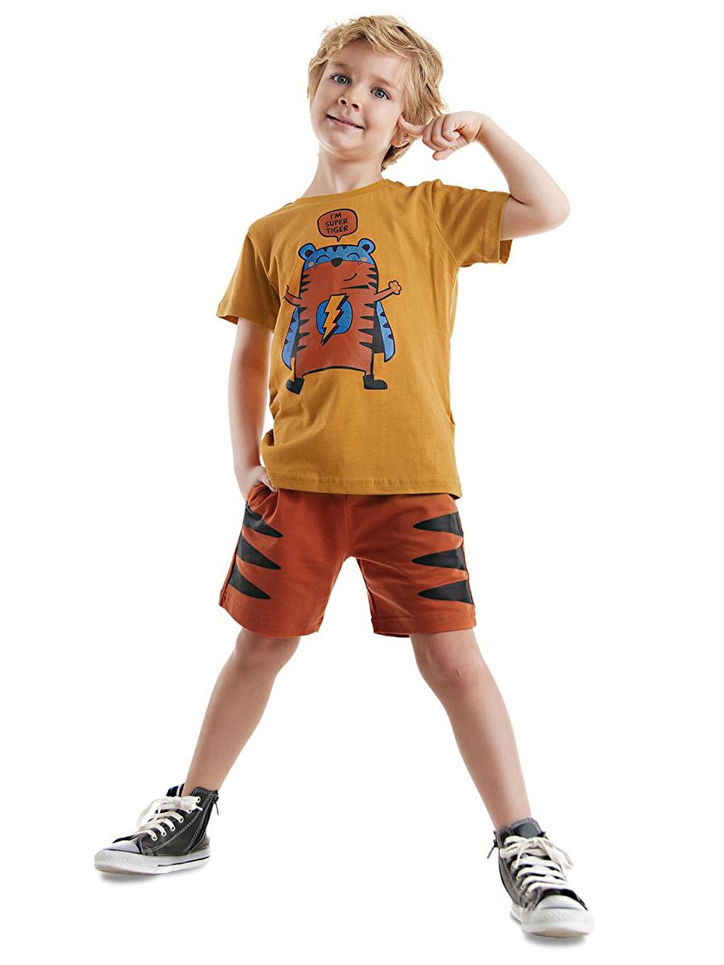 Denokids Kiremit Super Tiger Erkek Çocuk T-shirt Şort Takım