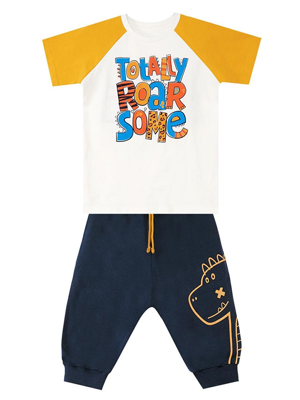 Denokids Ekru Roarsome Erkek Çocuk Tişört Kapri Şort Takım - 2