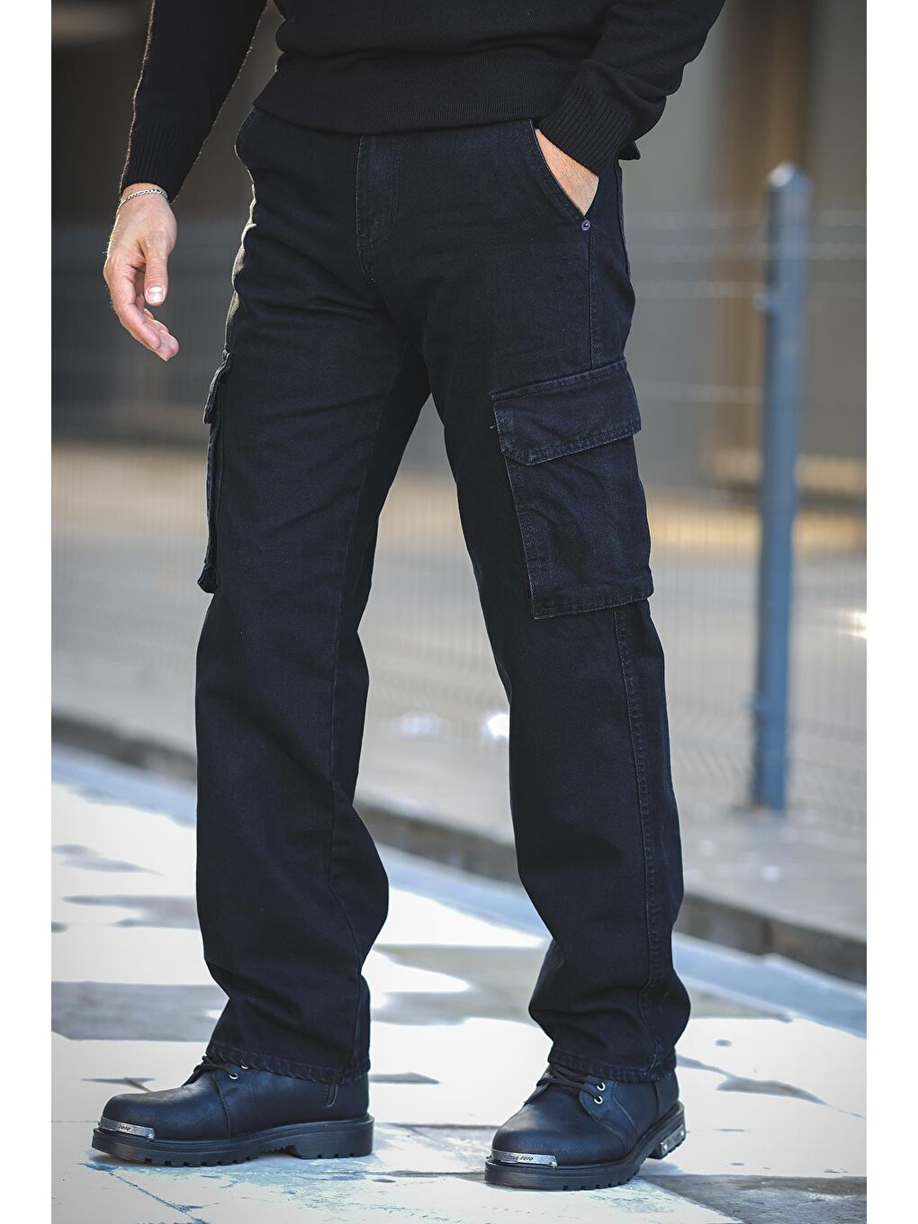 Siyah Hendricks Bol Kesim Kargo Erkek Jean Baggy Pantolon