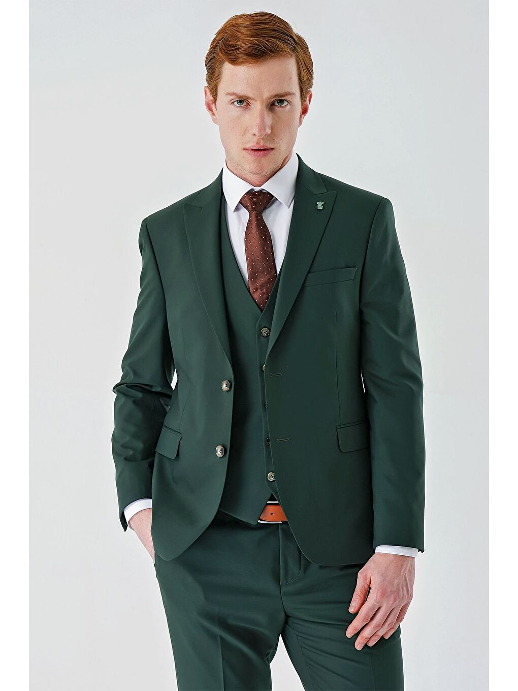 Koyu Yeşil Gabardin Kırlangıç Yaka Yelekli 6 Drop Slim Fit Klasik Takım Elbise 1001240187