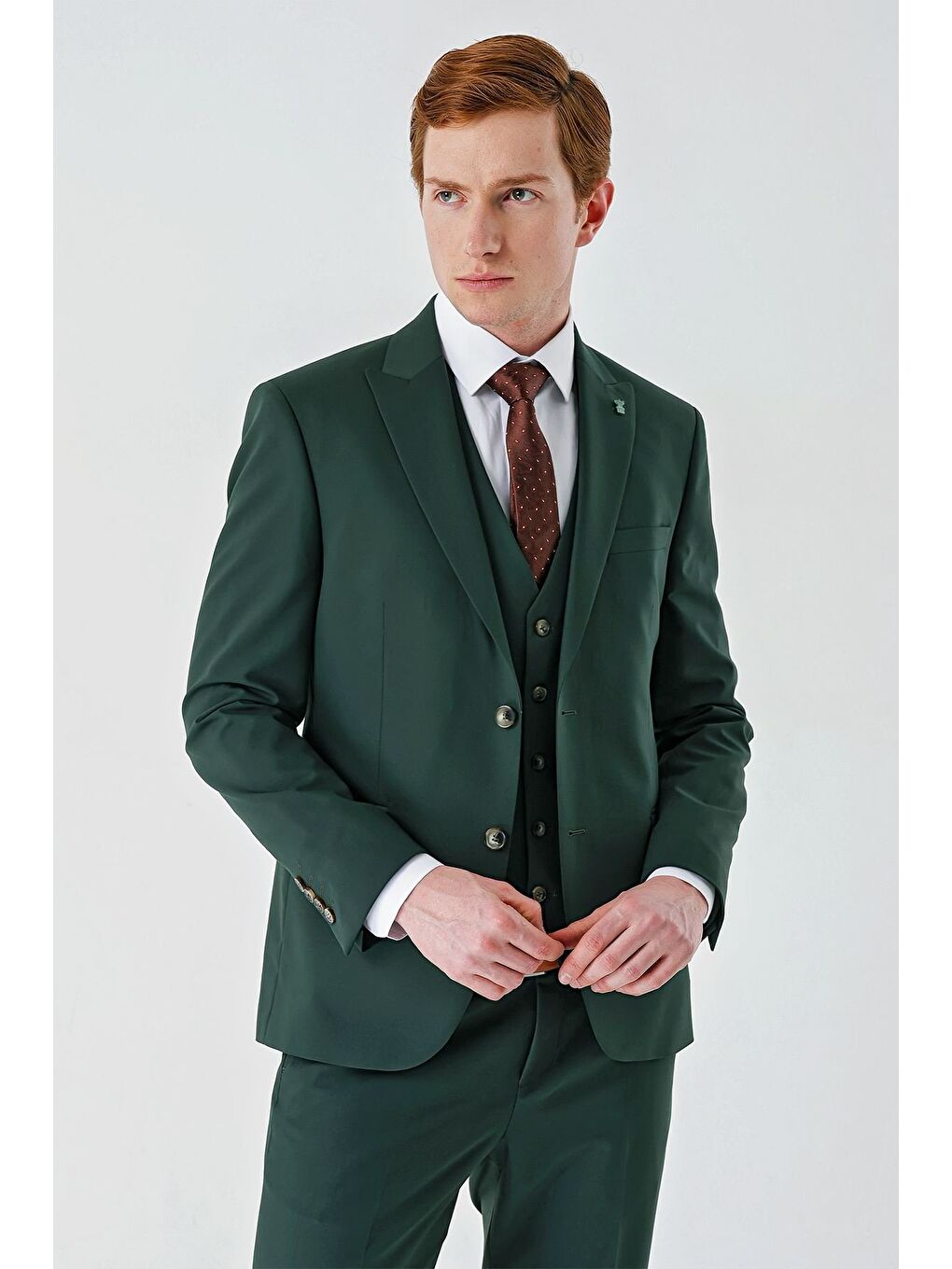 Koyu Yeşil Gabardin Kırlangıç Yaka Yelekli 6 Drop Slim Fit Klasik Takım Elbise 1001240187-1