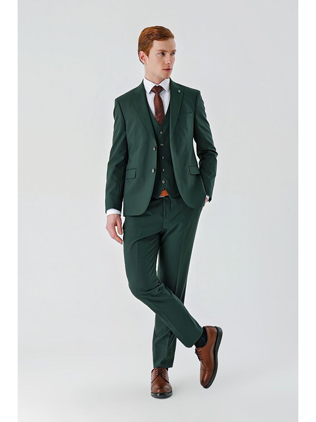 Koyu Yeşil Gabardin Kırlangıç Yaka Yelekli 6 Drop Slim Fit Klasik Takım Elbise 1001240187-3