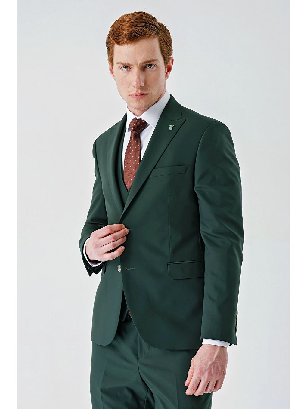 Koyu Yeşil Gabardin Kırlangıç Yaka Yelekli 6 Drop Slim Fit Klasik Takım Elbise 1001240187-8