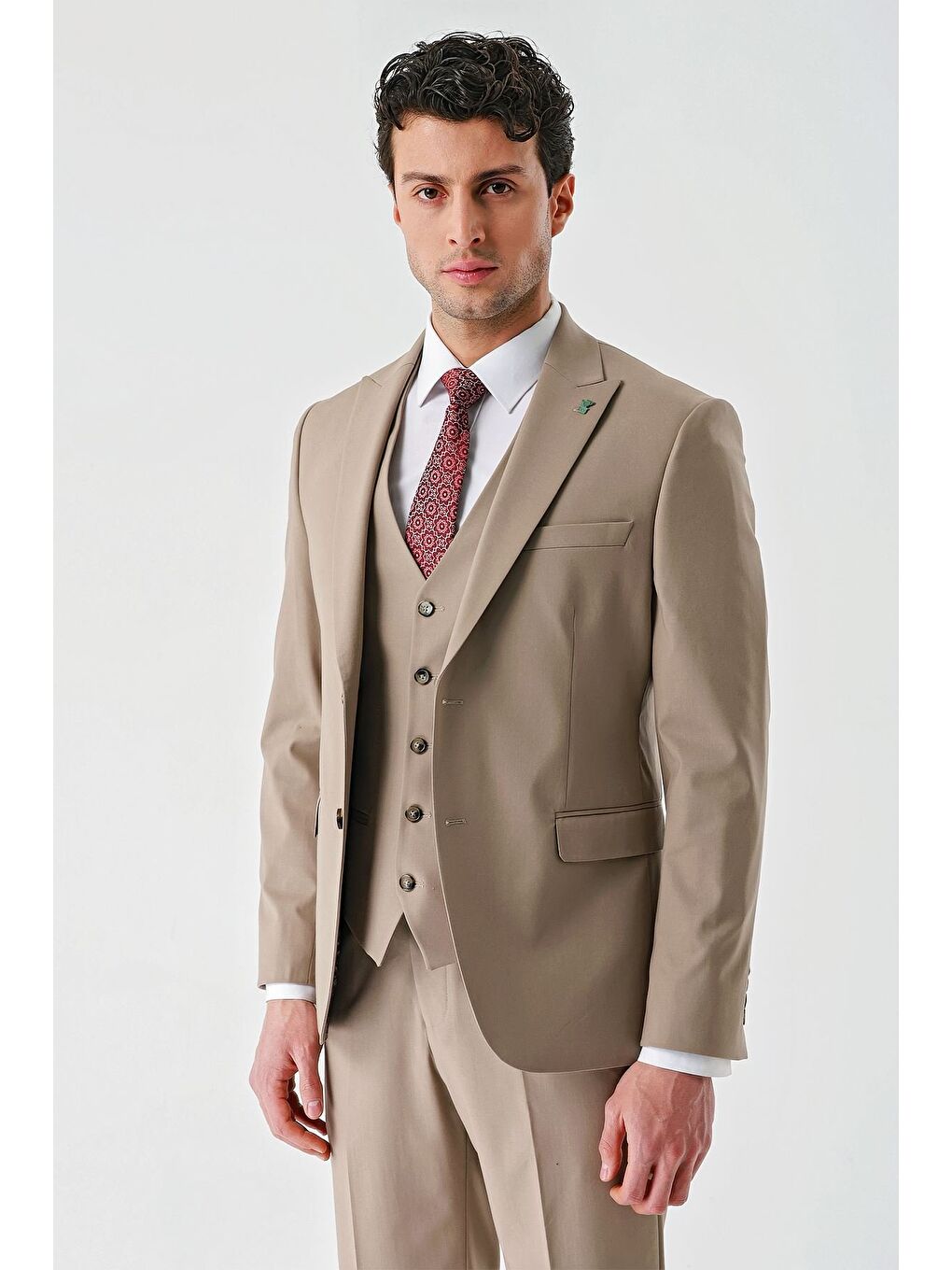 Kahverengi Koyu Camel Gabardin Kırlangıç Yaka Yelekli Elastanlı 6 Drop Slim Fit Klasik Takım Elbise 1001240188