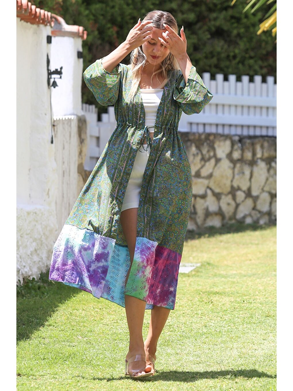 Chiccy Hindistan Yeşil 3/4 Kol Bağlamalı Allover Baskılı Dokuma Casual Kimono Ceket - 2