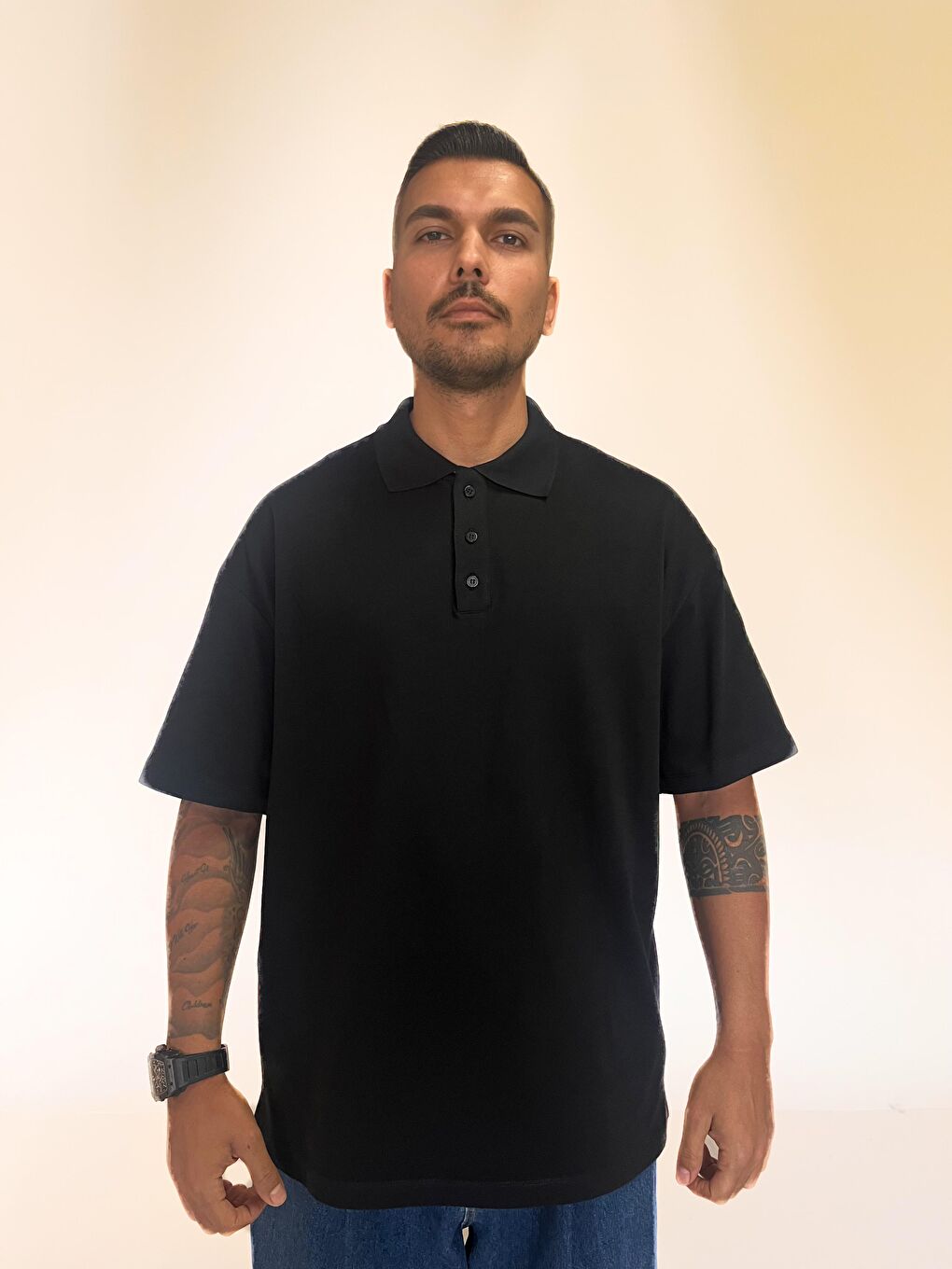 Friday Offset Mystery Erkek Siyah %100 Pamuk Polo Yaka Ekstra Oversize Tişört