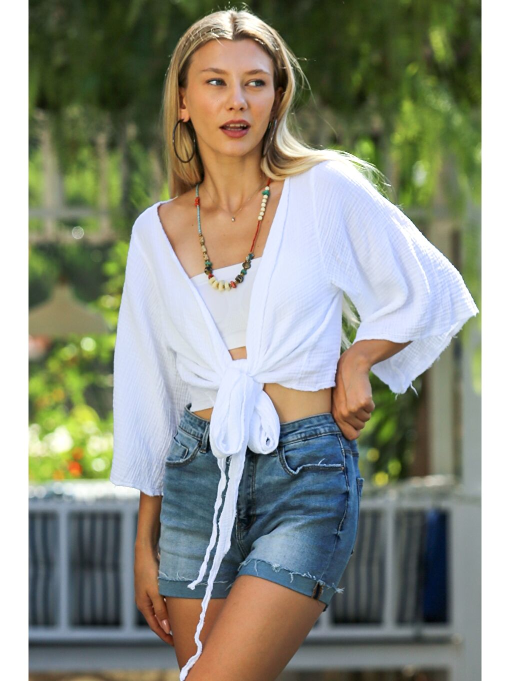 Organik Pamuk Beyaz 3/4 Kol Bağlamalı Yıkamalı Dokuma Casual Müslin Kimono Ceket-1