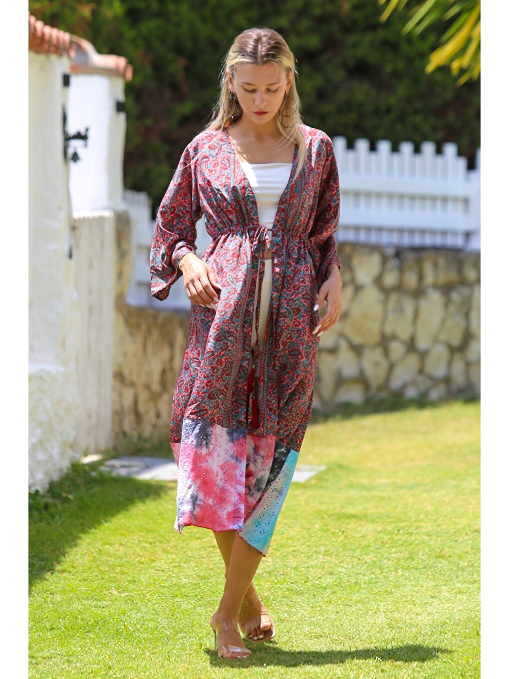 Chiccy Hindistan Bordo 3/4 Kol Bağlamalı Allover Baskılı Dokuma Casual Kimono Ceket - 1