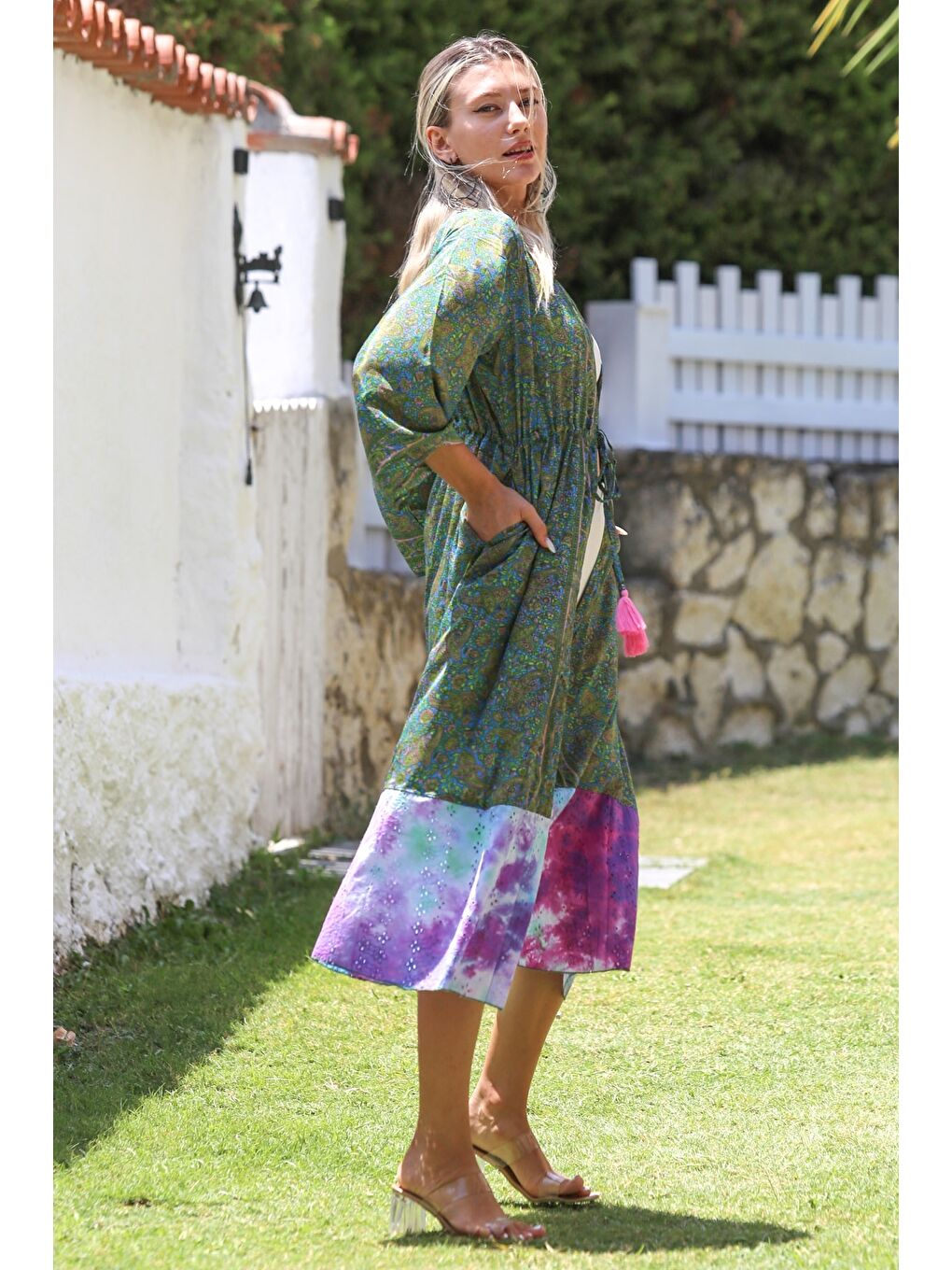 Chiccy Hindistan Yeşil 3/4 Kol Bağlamalı Allover Baskılı Dokuma Casual Kimono Ceket - 3
