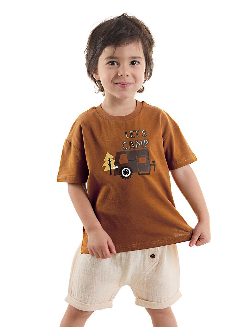 Denokids Kahverengi Erkek Bebek Çocuk Müslin Şort T-shirt Takım