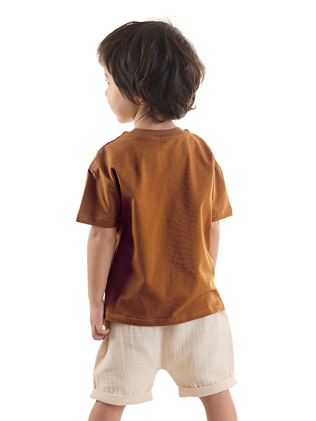 Denokids Kahverengi Erkek Bebek Çocuk Müslin Şort T-shirt Takım - 1