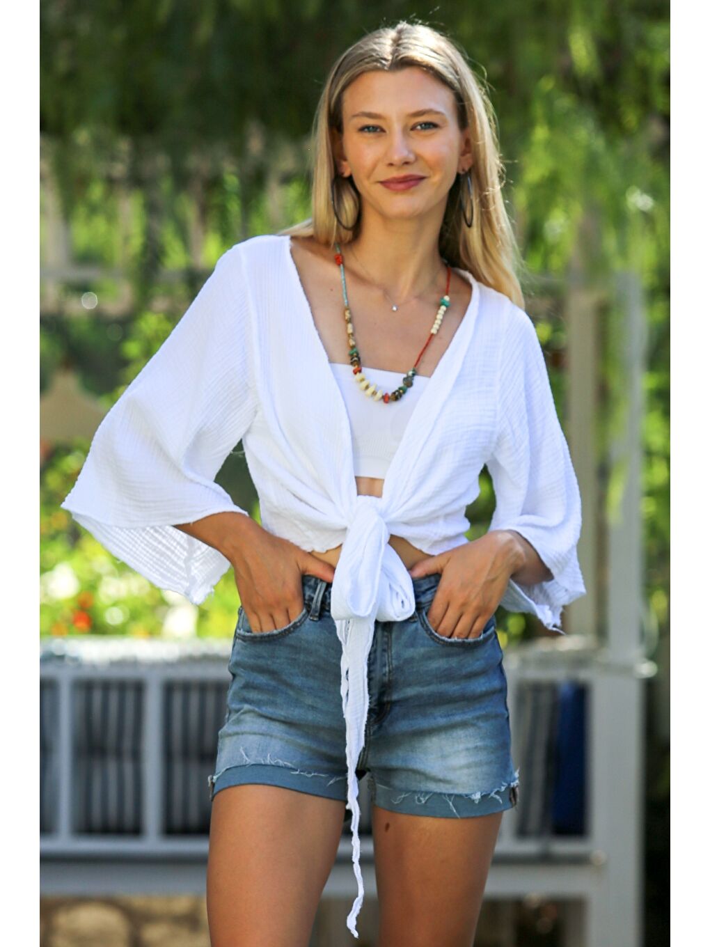 Organik Pamuk Beyaz 3/4 Kol Bağlamalı Yıkamalı Dokuma Casual Müslin Kimono Ceket-2