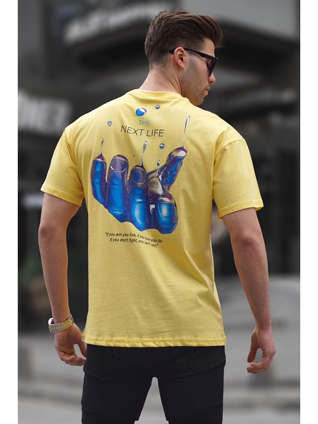 Sarı Sırt Baskılı Regular fit Erkek %100 Pamuk Tişört-1