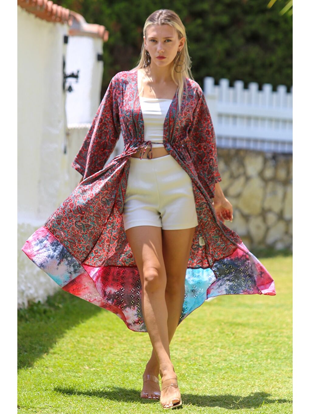 Chiccy Hindistan Bordo 3/4 Kol Bağlamalı Allover Baskılı Dokuma Casual Kimono Ceket - 2