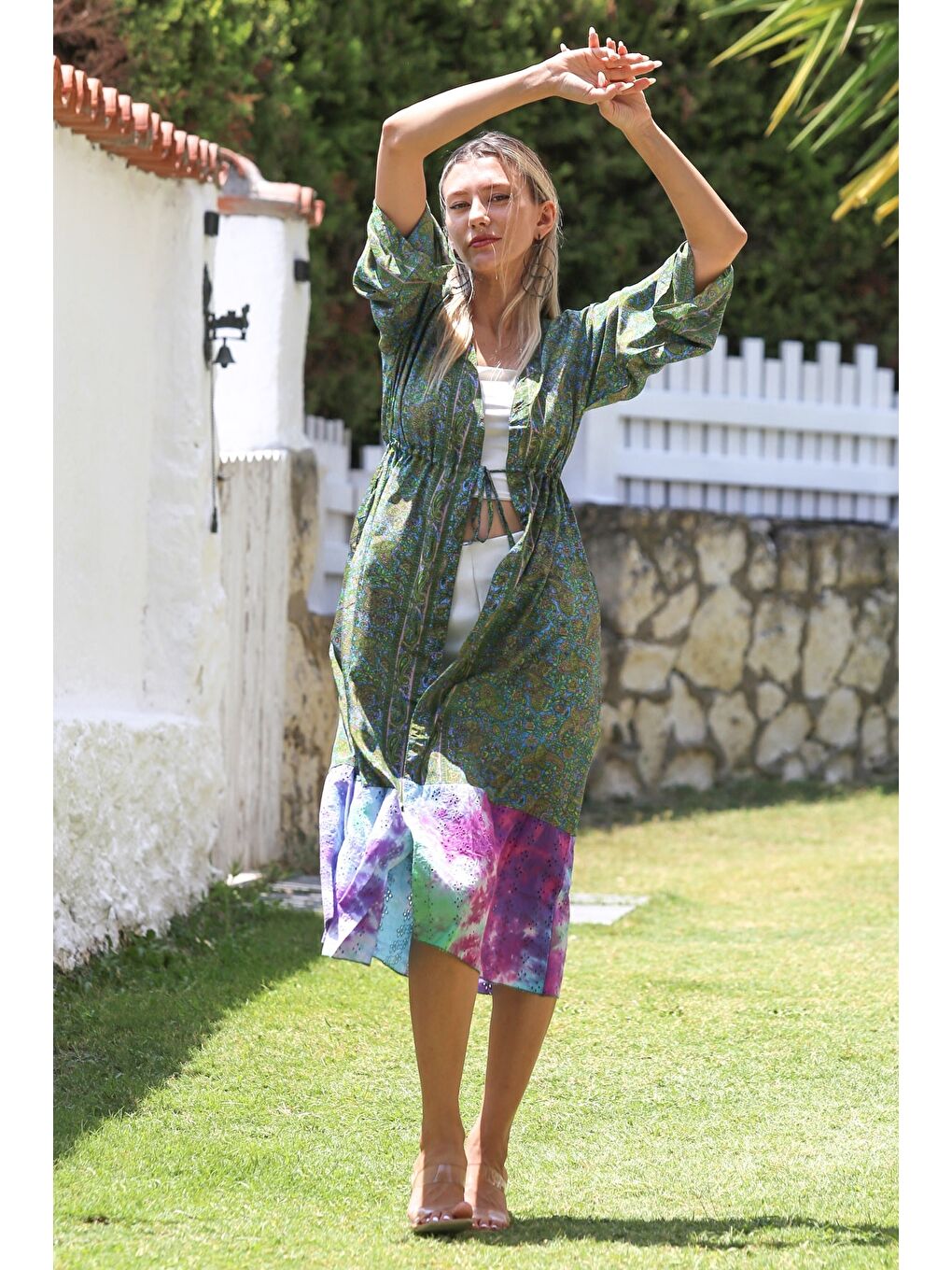 Chiccy Hindistan Yeşil 3/4 Kol Bağlamalı Allover Baskılı Dokuma Casual Kimono Ceket - 6