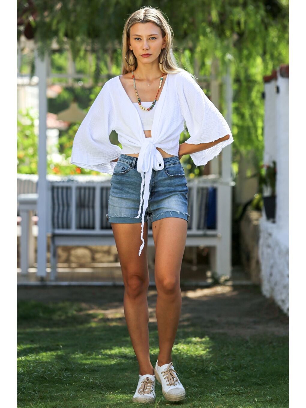 Organik Pamuk Beyaz 3/4 Kol Bağlamalı Yıkamalı Dokuma Casual Müslin Kimono Ceket-4