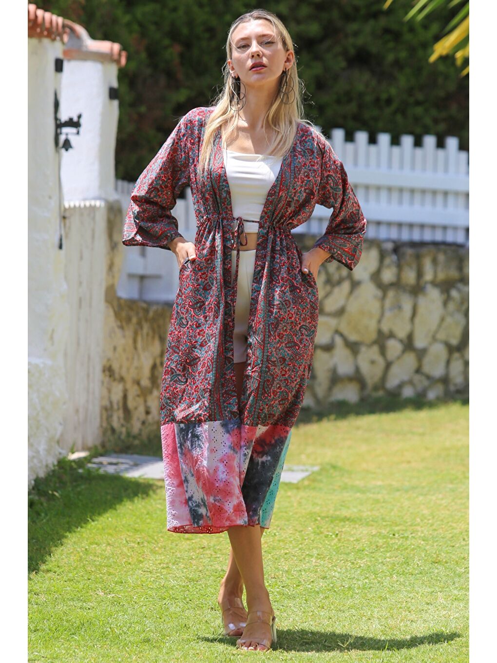 Chiccy Hindistan Bordo 3/4 Kol Bağlamalı Allover Baskılı Dokuma Casual Kimono Ceket - 3