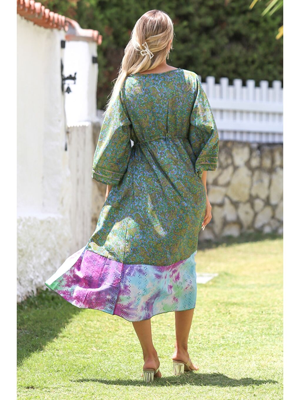 Chiccy Hindistan Yeşil 3/4 Kol Bağlamalı Allover Baskılı Dokuma Casual Kimono Ceket - 7