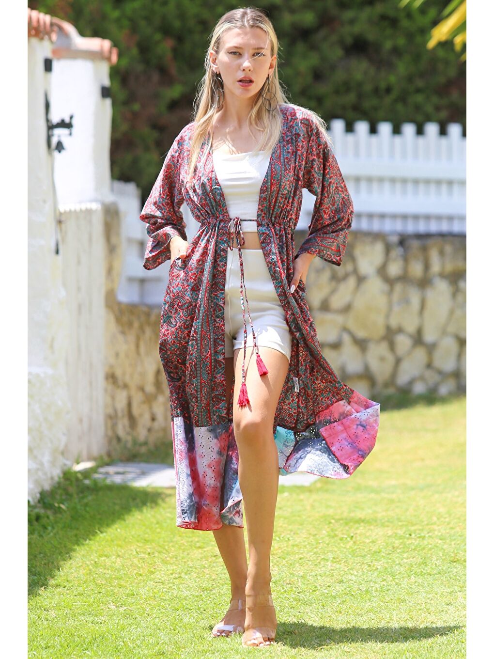 Chiccy Hindistan Bordo 3/4 Kol Bağlamalı Allover Baskılı Dokuma Casual Kimono Ceket - 4