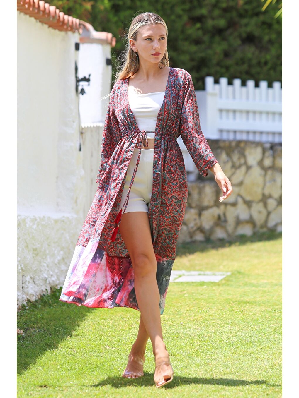 Chiccy Hindistan Bordo 3/4 Kol Bağlamalı Allover Baskılı Dokuma Casual Kimono Ceket - 5