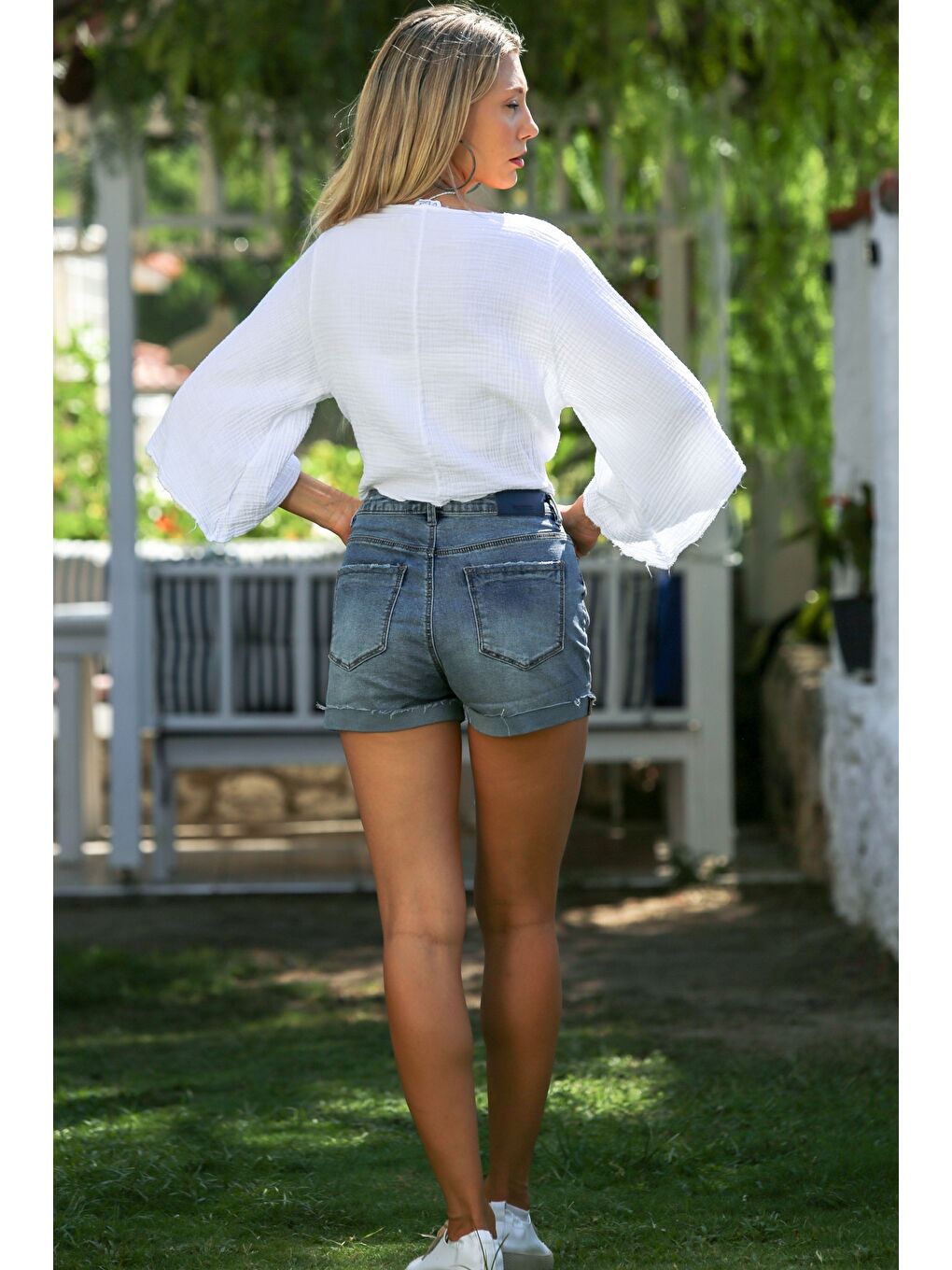 Organik Pamuk Beyaz 3/4 Kol Bağlamalı Yıkamalı Dokuma Casual Müslin Kimono Ceket-7