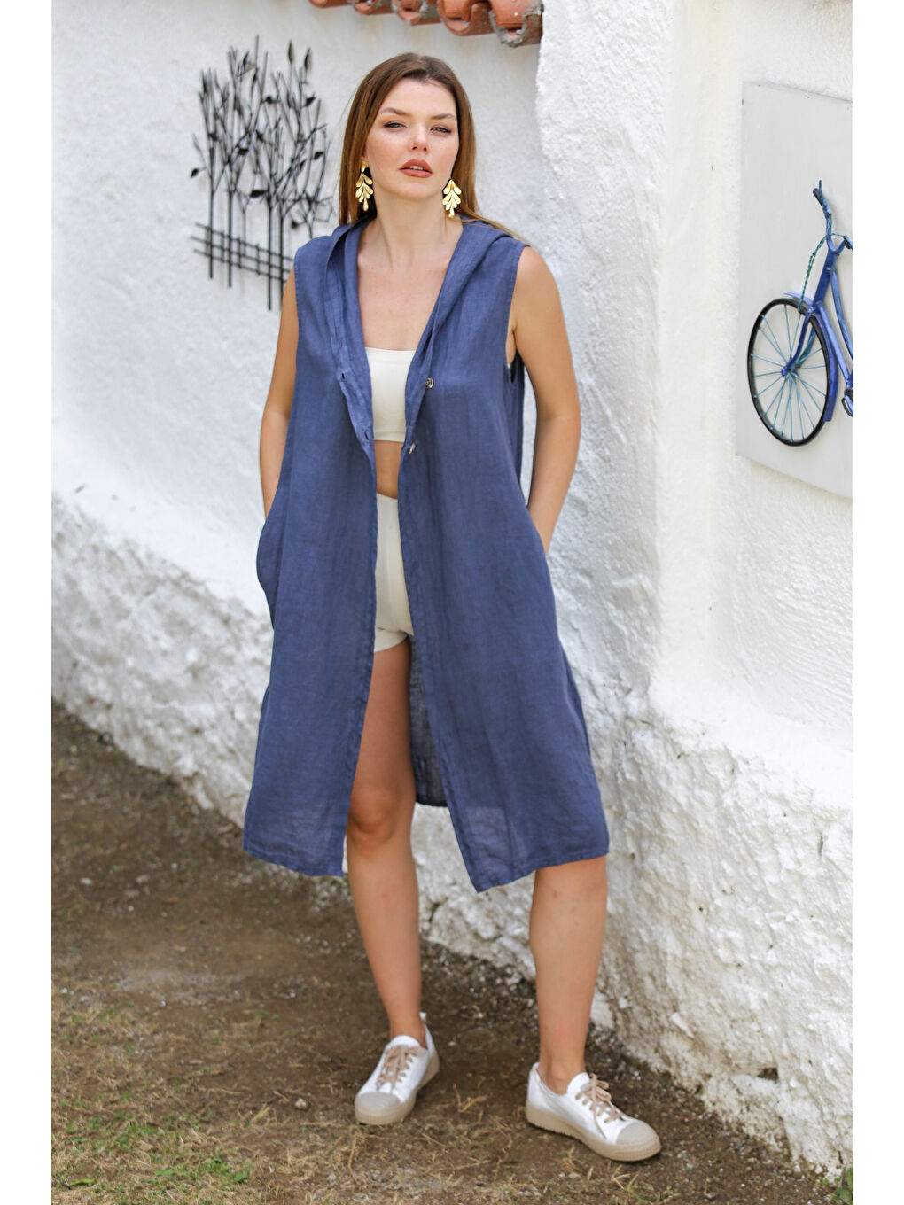 İtalyan Mavi Kapüşonlu Kolsuz Cepli Püsküllü Dokuma Casual Kimono Ceket-3