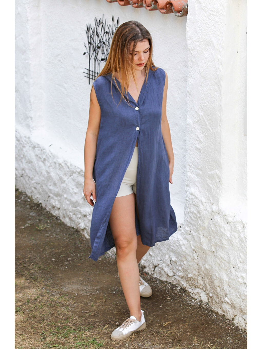 İtalyan Mavi Kapüşonlu Kolsuz Cepli Püsküllü Dokuma Casual Kimono Ceket-4