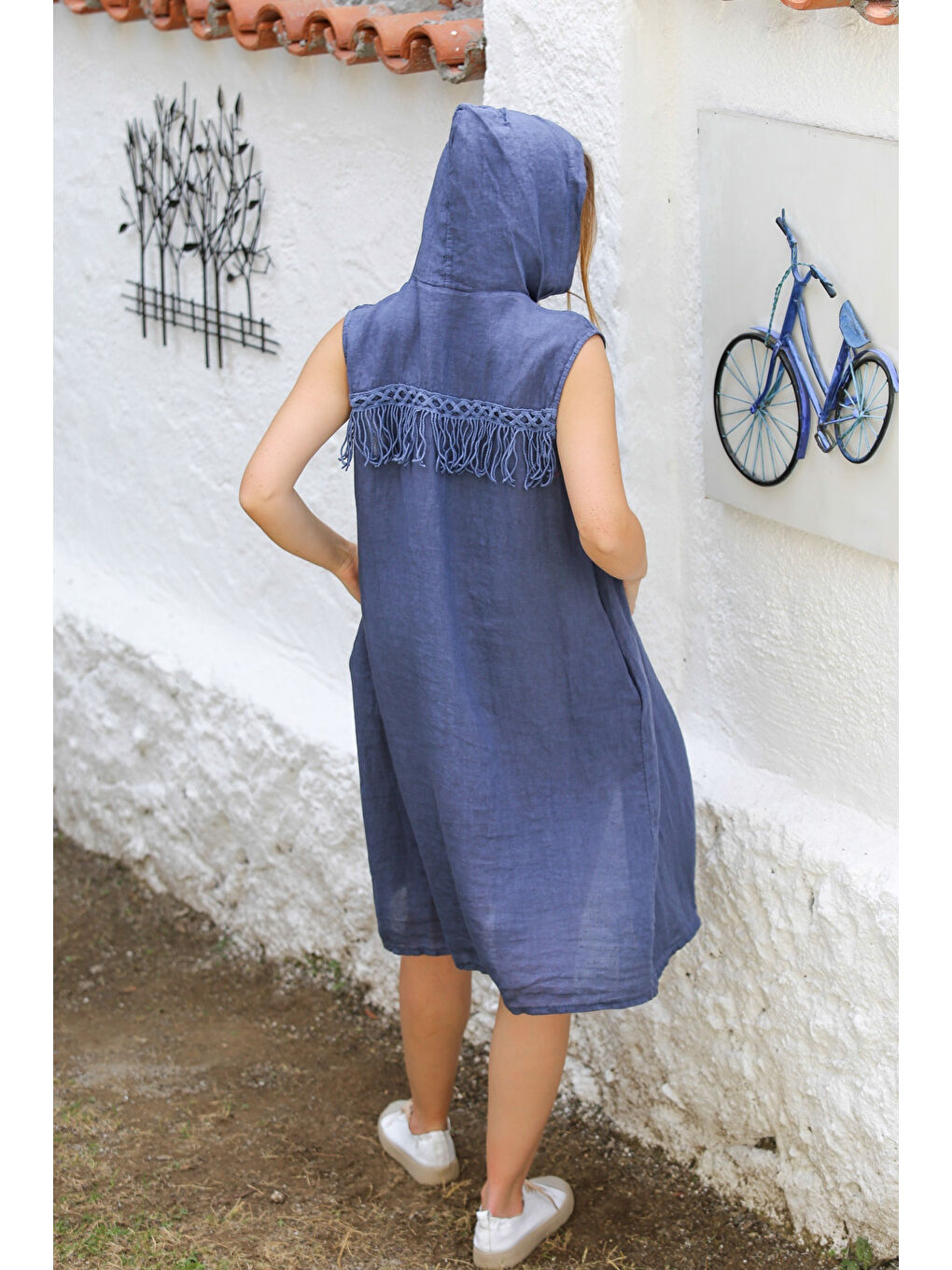 İtalyan Mavi Kapüşonlu Kolsuz Cepli Püsküllü Dokuma Casual Kimono Ceket-6