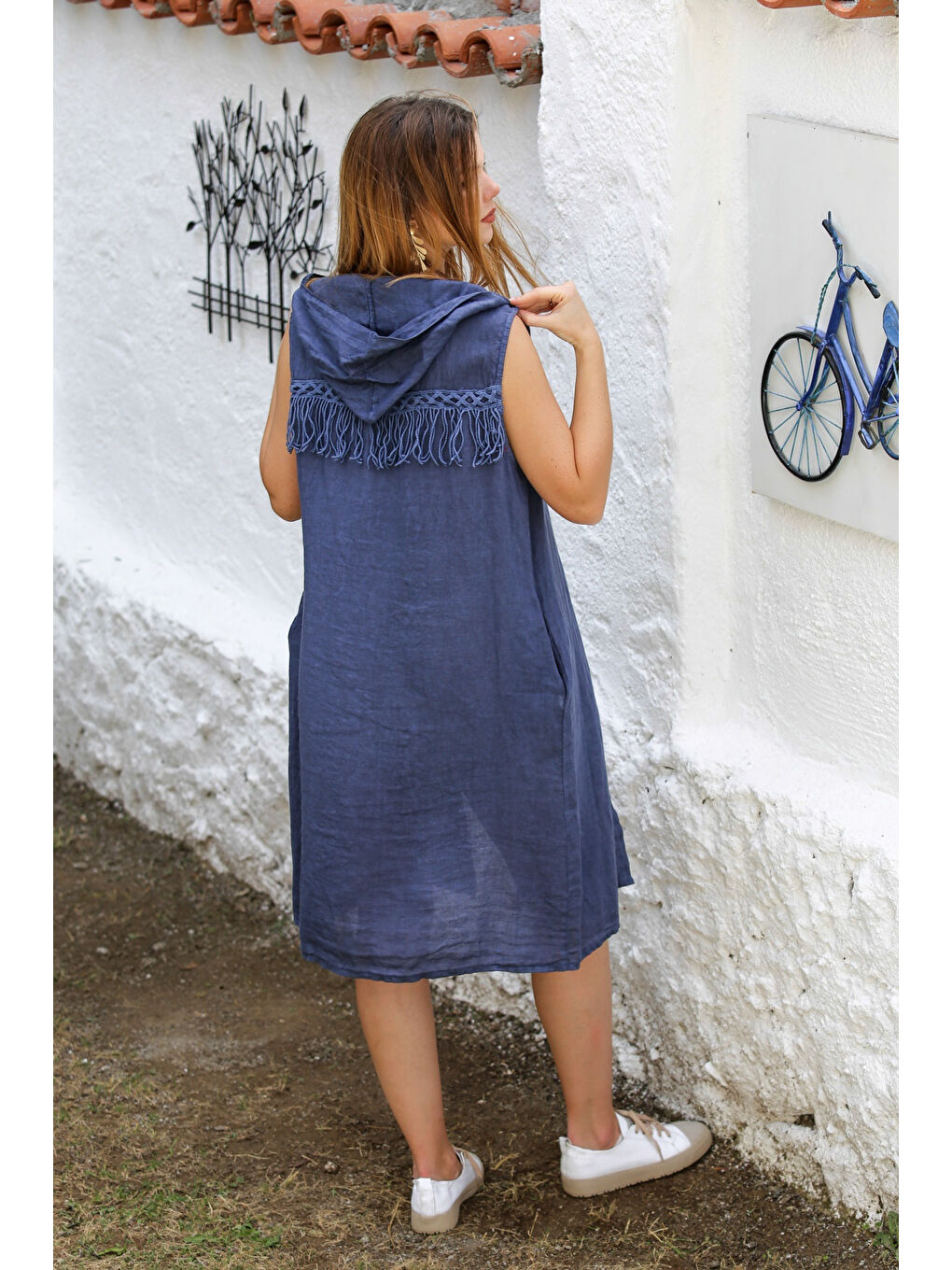 İtalyan Mavi Kapüşonlu Kolsuz Cepli Püsküllü Dokuma Casual Kimono Ceket-7