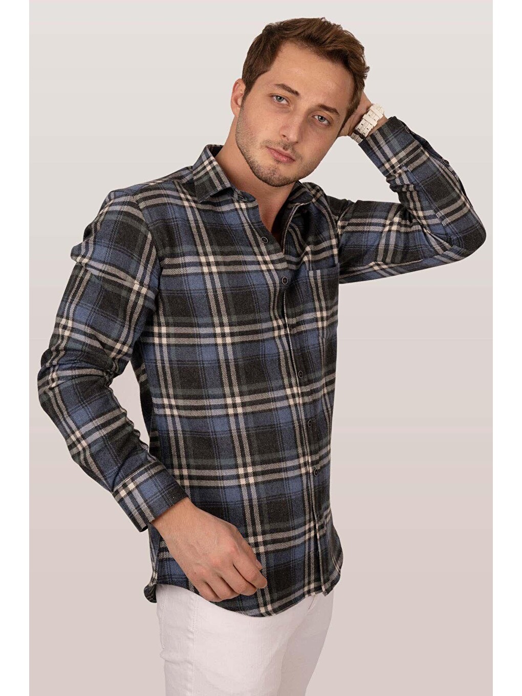 Lacivert Desenli Oduncu Slimfit Hediye Kutulu Gömlek-7