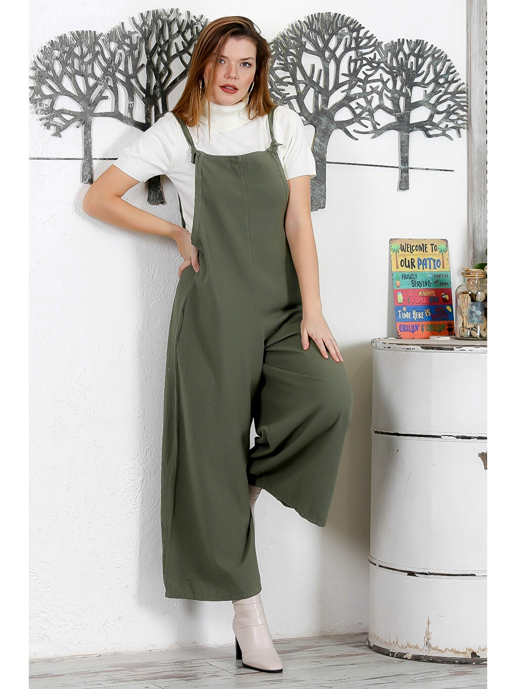 Haki Askılı Bağlamalı Çift Cepli Yıkamalı Geniş Paça Casual Salaş Dokuma Tulum-5