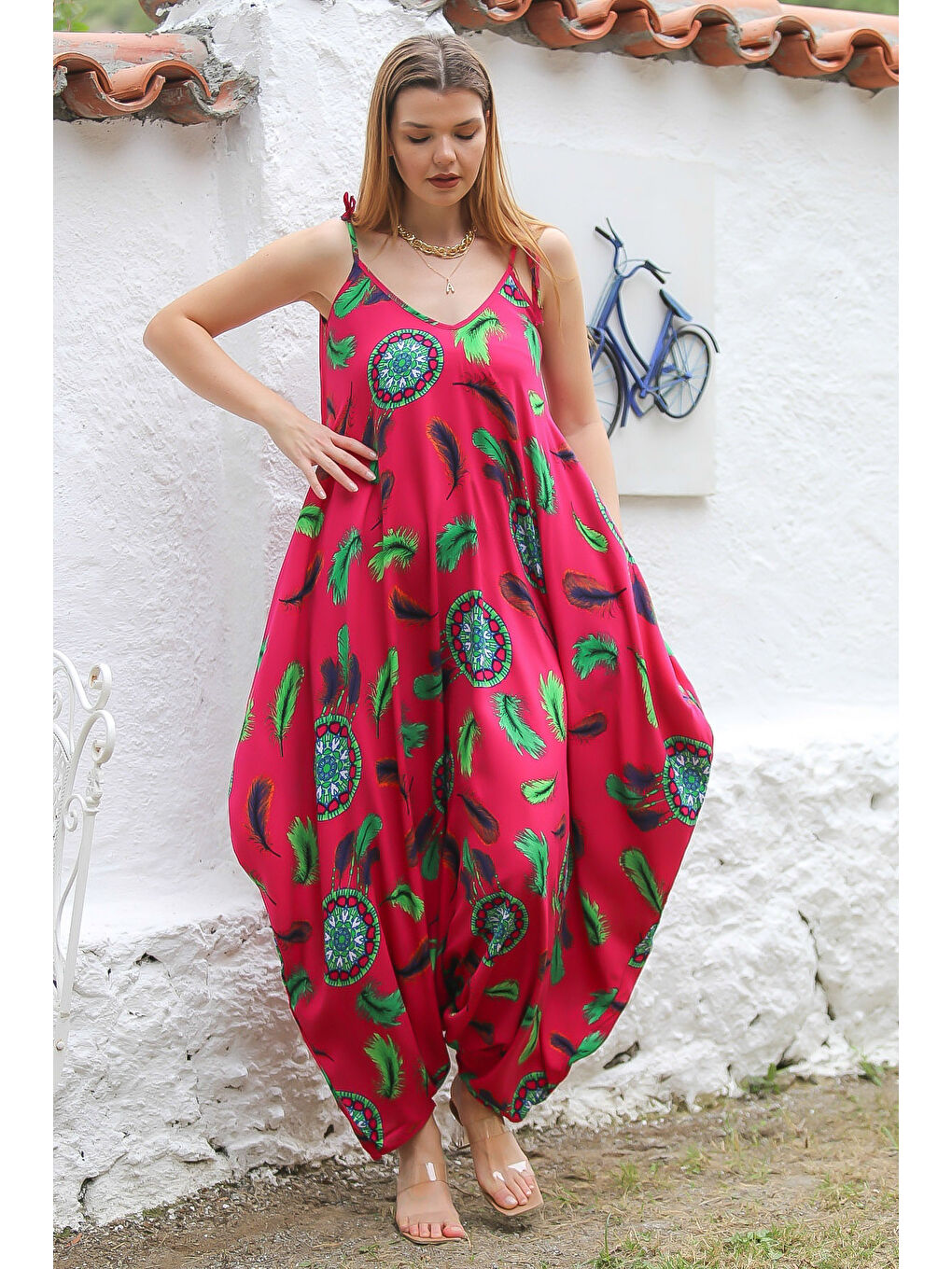 Fuşya V Yaka Askılı Cepli Allover Baskılı Dokuma Oversize Şalvar Paça Casual Tulum-2