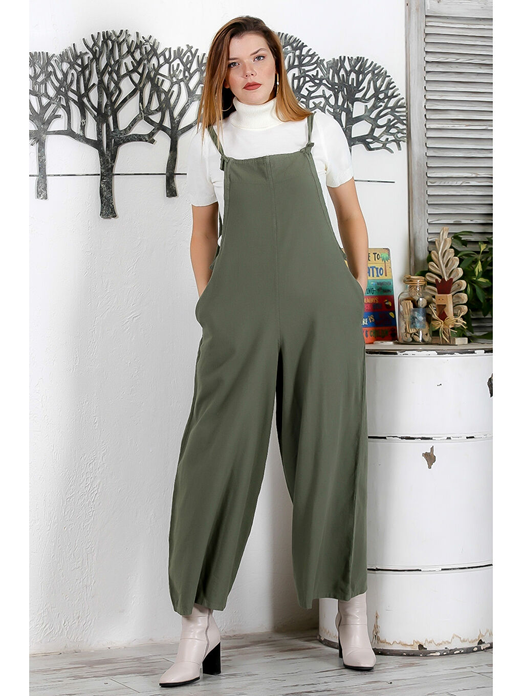 Haki Askılı Bağlamalı Çift Cepli Yıkamalı Geniş Paça Casual Salaş Dokuma Tulum-6