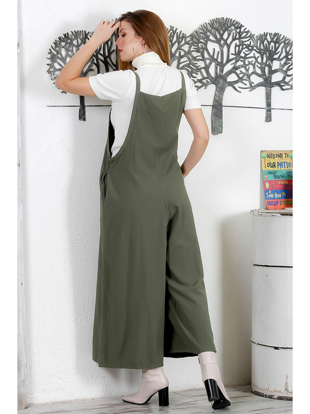 Haki Askılı Bağlamalı Çift Cepli Yıkamalı Geniş Paça Casual Salaş Dokuma Tulum-7