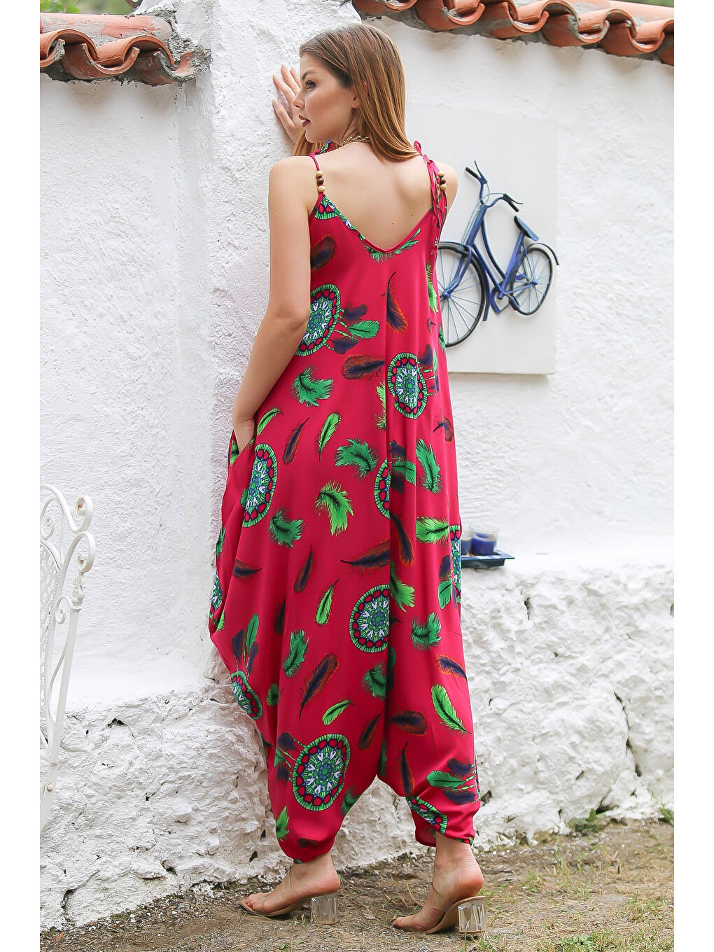 Fuşya V Yaka Askılı Cepli Allover Baskılı Dokuma Oversize Şalvar Paça Casual Tulum-7