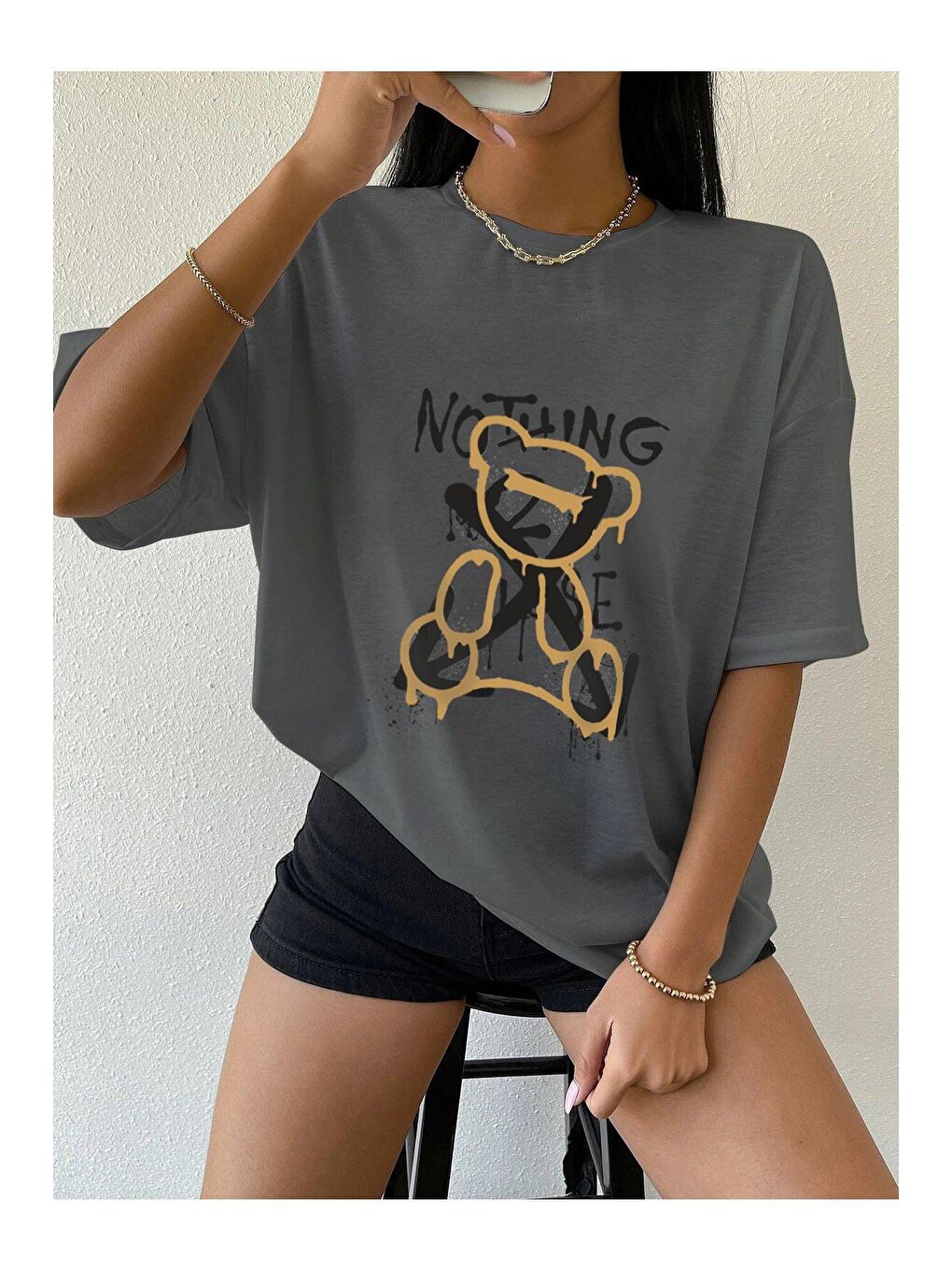 Gri Kadın Füme Nothing Else Baskılı Oversize Tshirt