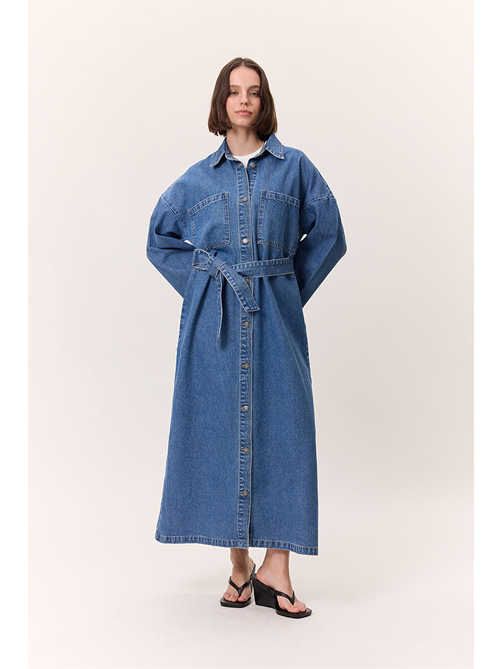 Düğmeli Denim Gömlek Elbise Koyu Mavi-1