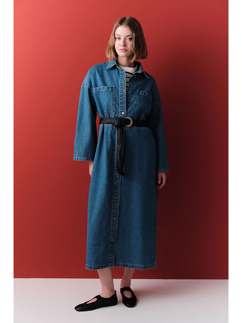 Düğmeli Denim Gömlek Elbise Koyu Mavi-2