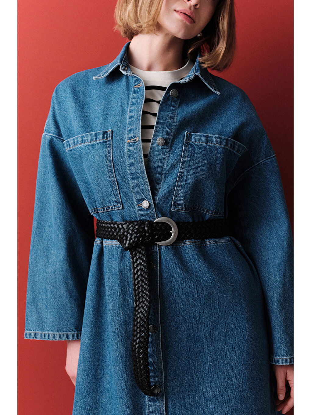 Düğmeli Denim Gömlek Elbise Koyu Mavi-3