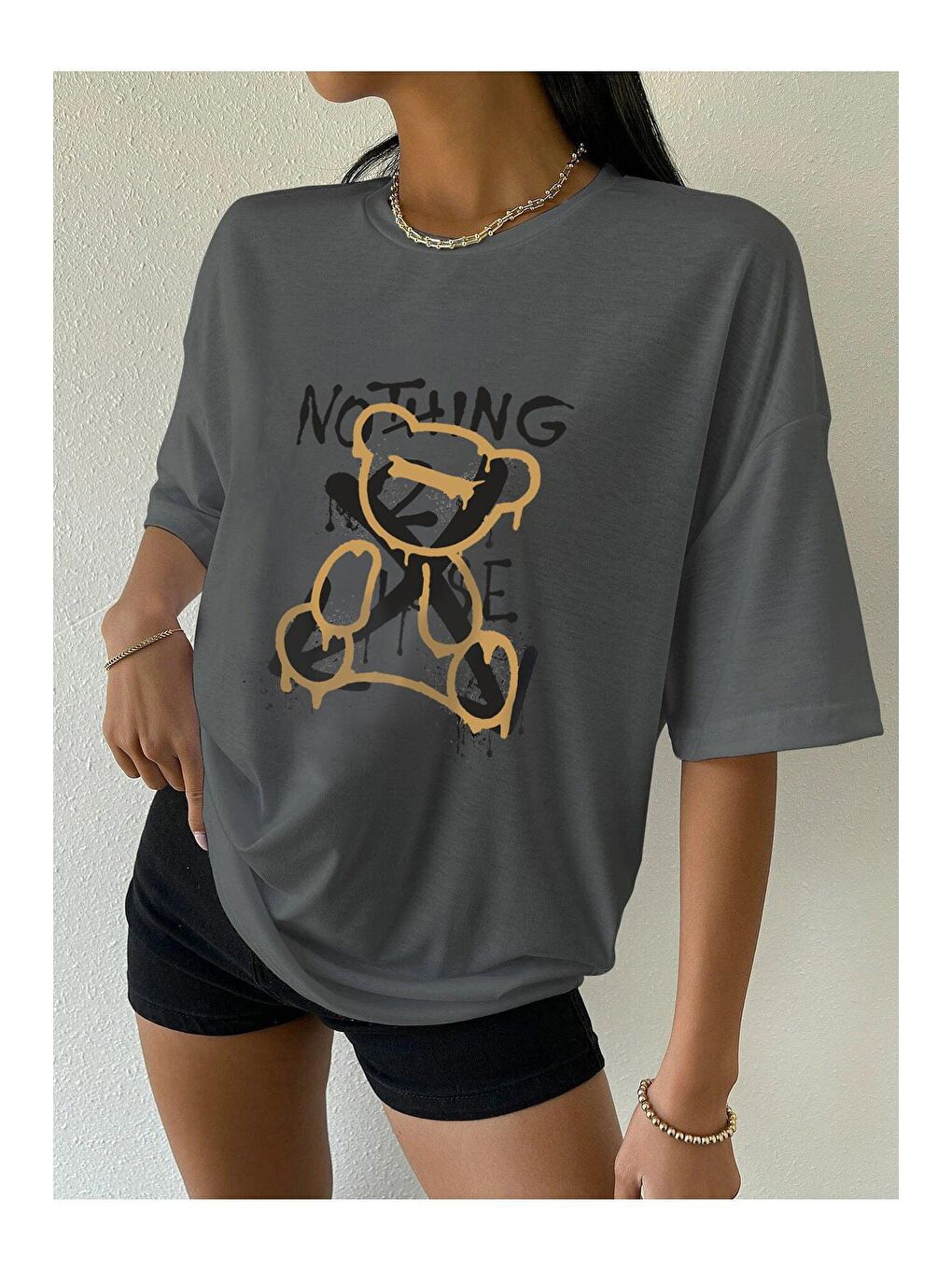 Gri Kadın Füme Nothing Else Baskılı Oversize Tshirt-1