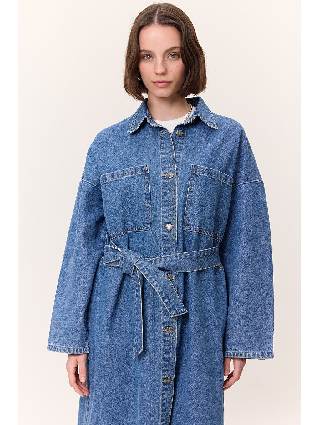 Düğmeli Denim Gömlek Elbise Koyu Mavi-4