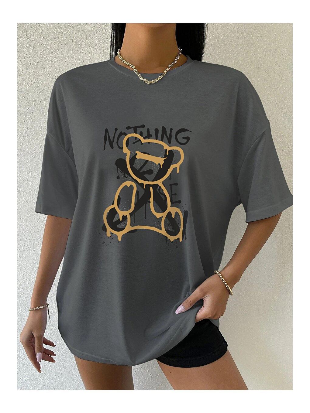 Gri Kadın Füme Nothing Else Baskılı Oversize Tshirt-2