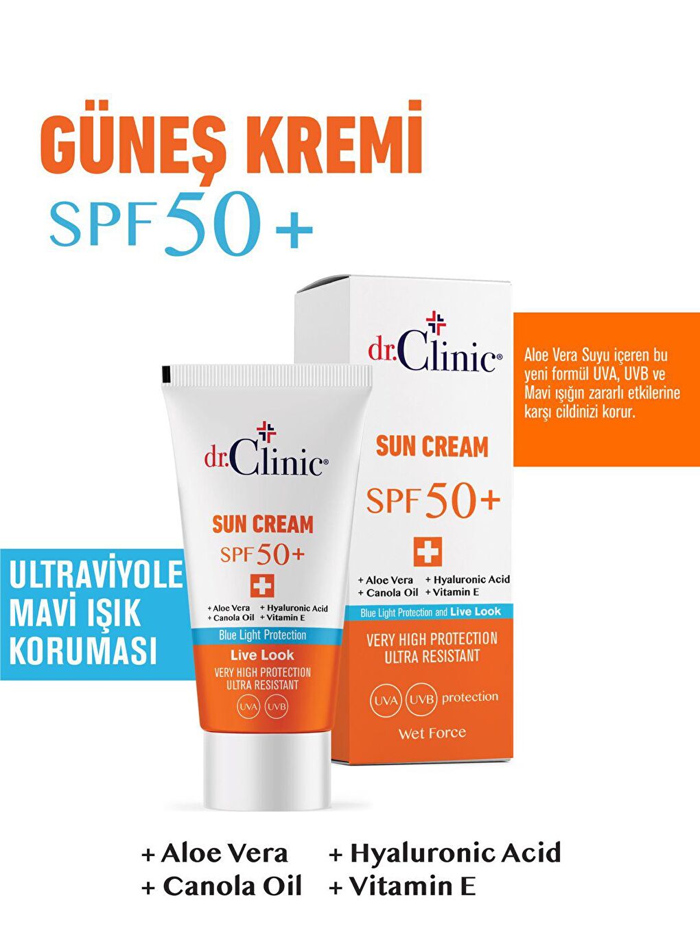 Dr. Clinic Şeffaf SPF 50+ Güneş Koruyucu Krem 50 ml UVA,UVB ve Mavi Işık Koruma